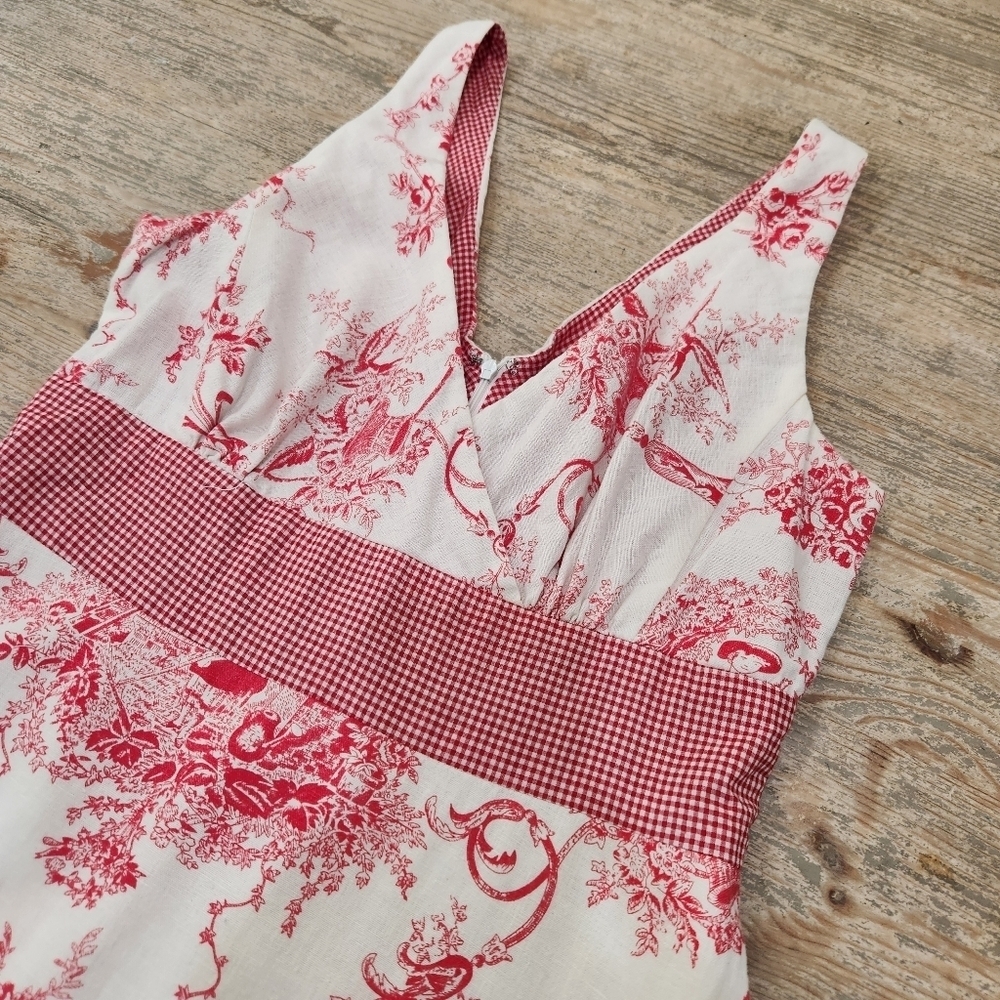 Vintage Sam TY Y2K Toile Linen Midi Dress White/Pink US Womens 10 - Picture 3 of 9